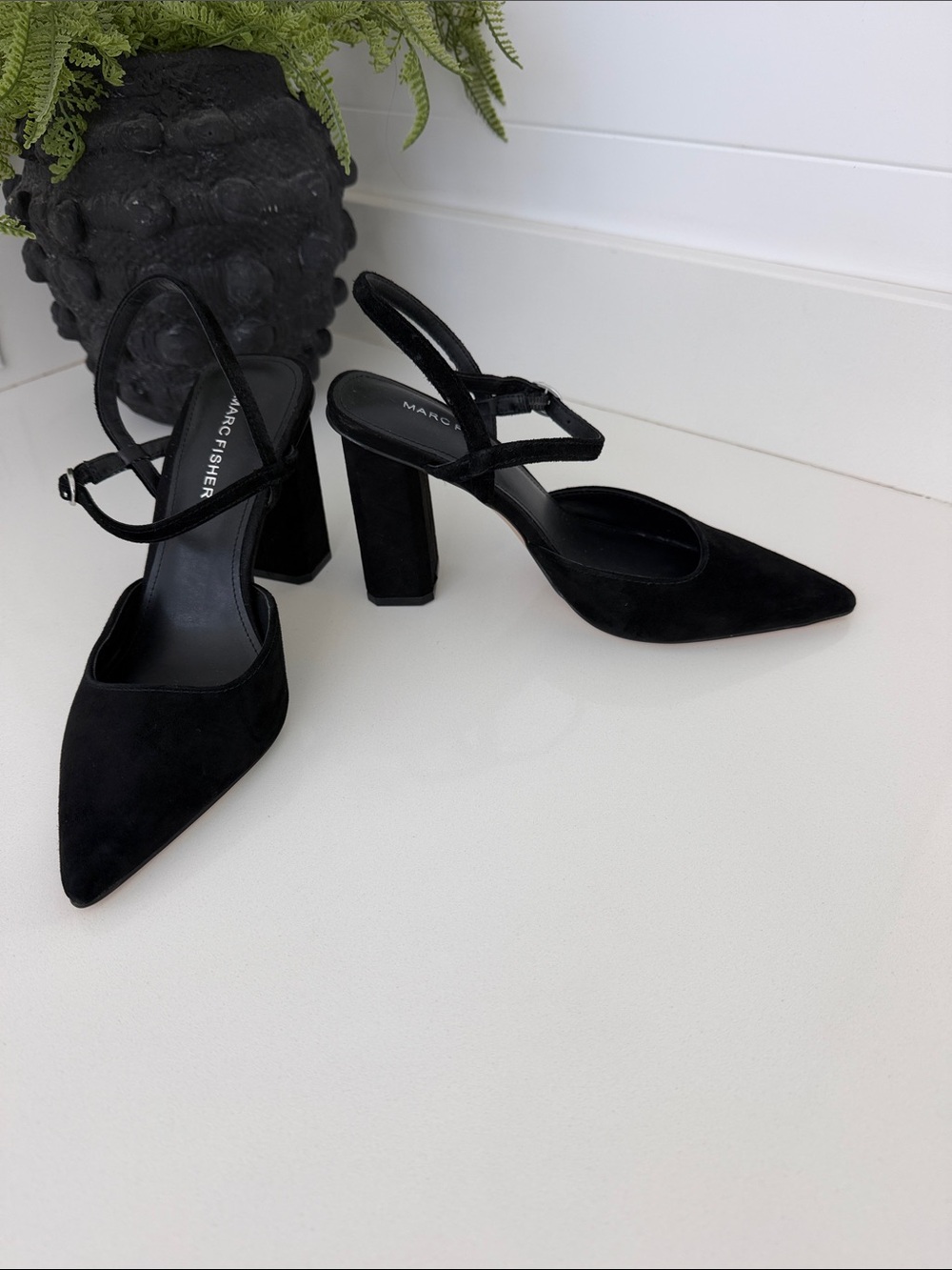 Marc Fisher Black Suede Pointed Toe Block Heel Slingbacks